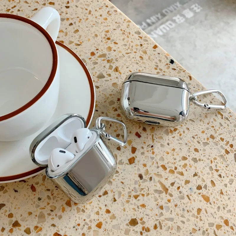 Electroplate Silver Metal AirPods Case with Keychain - Pro 2, AirPods 3