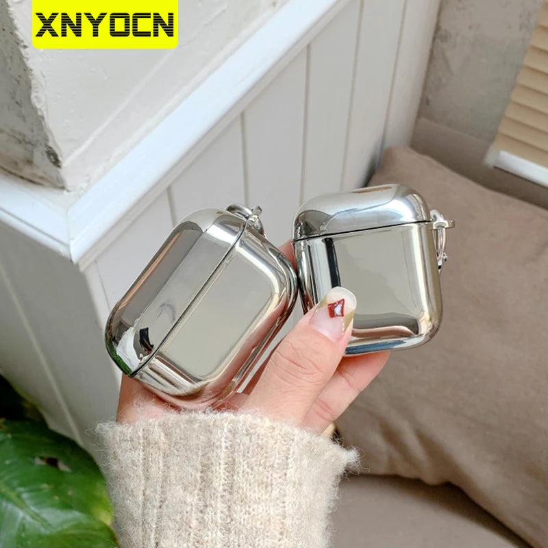 Electroplate Silver Metal AirPods Case with Keychain - Pro 2, AirPods 3
