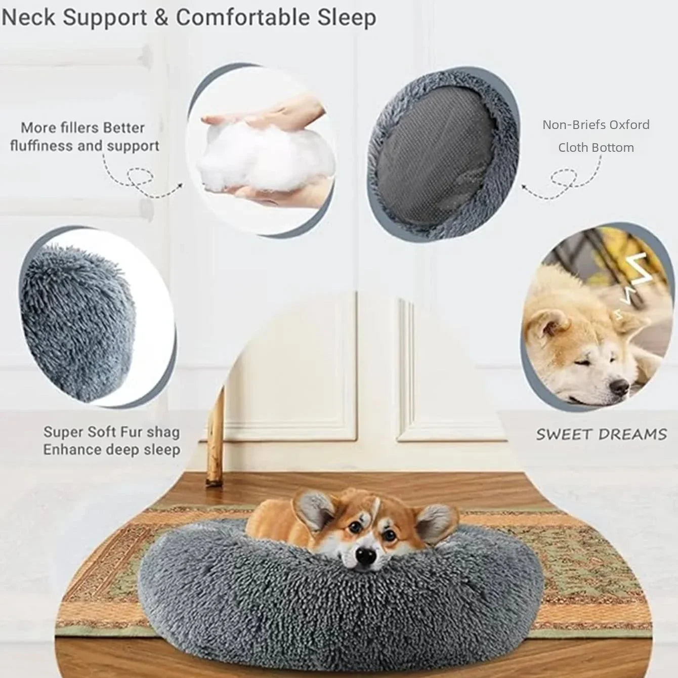 Ultra-Soft Round Pet Bed - Plush Donut Style for Dogs & Cats