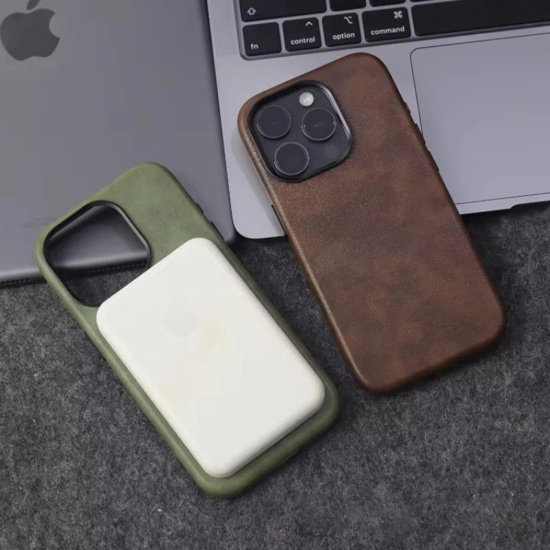 Premium Leather MagSafe iPhone Case - Retro Style